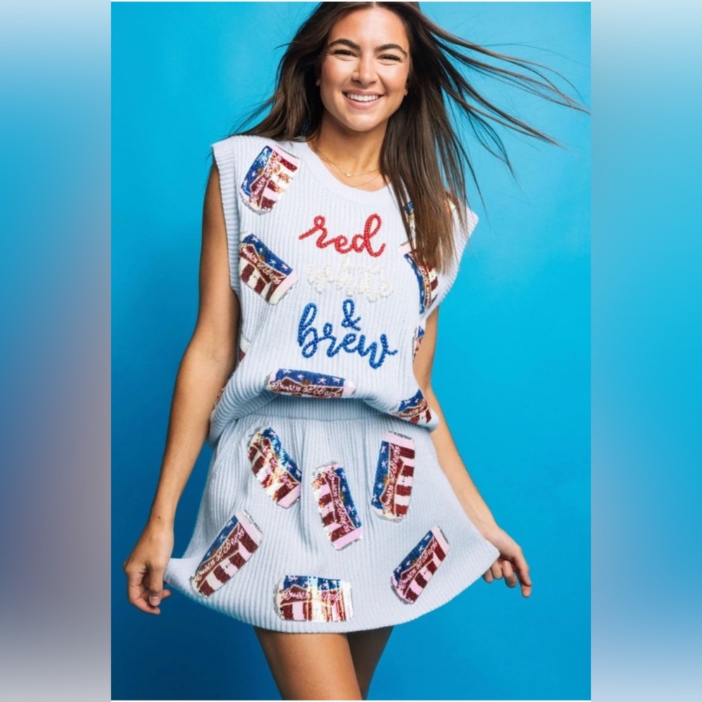 New! QUEEN OF SPARKLES Set! Red, White and Brew Scattered Sequin Beer Cans